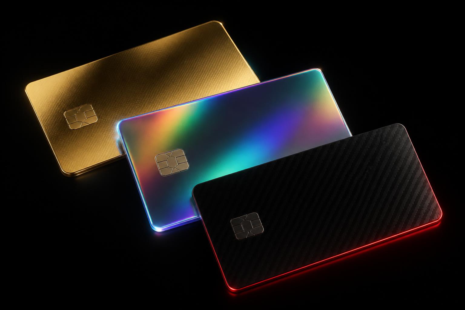 Three premium Vaulty cards in gold, holographic and carbon finishes
